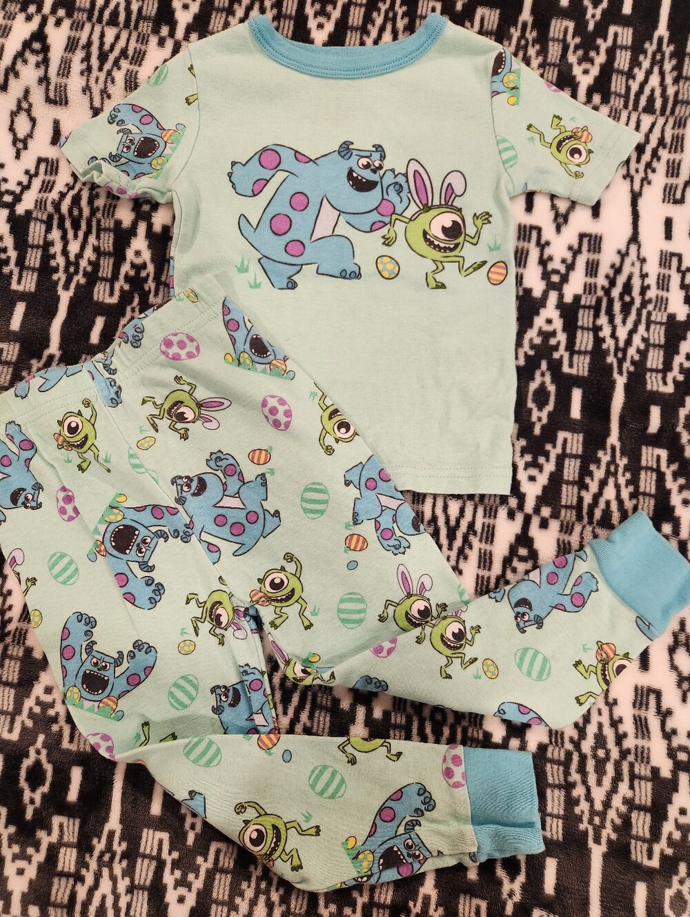 Disney Kids Light Teal Monster Print Pajama Set, Size 3T
